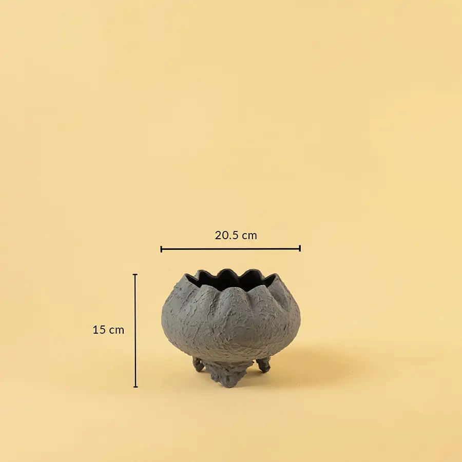 Grey metal scalloped bowl planter decor with width 20.5 cm and height 15 cm shown clearly for accurate size reference.