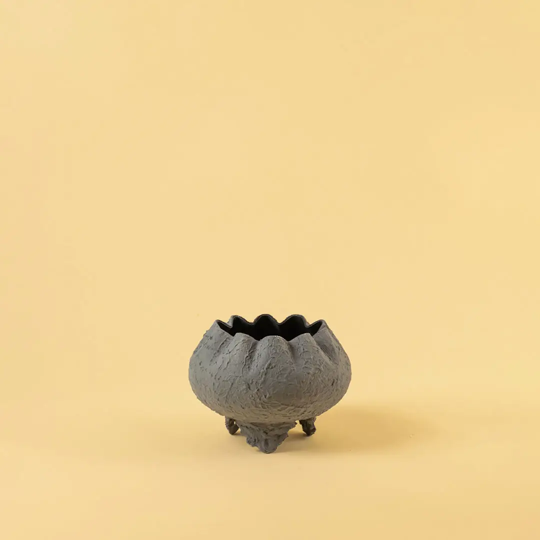 Matte dark grey textured bowl planter for modern home decor and sleek contemporary interior shelf display needs.