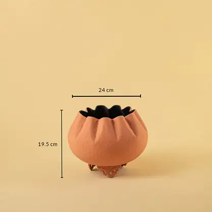 Terracotta metal scalloped bowl planter decor with width 24 cm and height 19.5 cm shown clearly for accurate size reference.