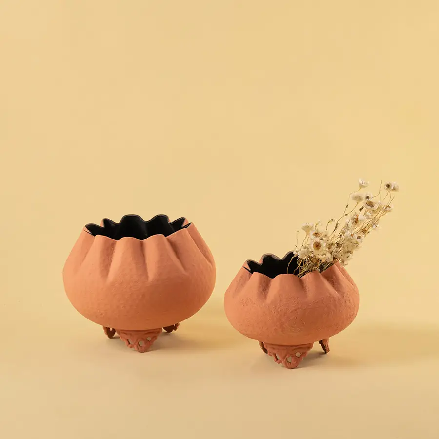 Pair of textured terracotta bowl planters with dried buds for cozy modern home decor and artistic tabletop display.