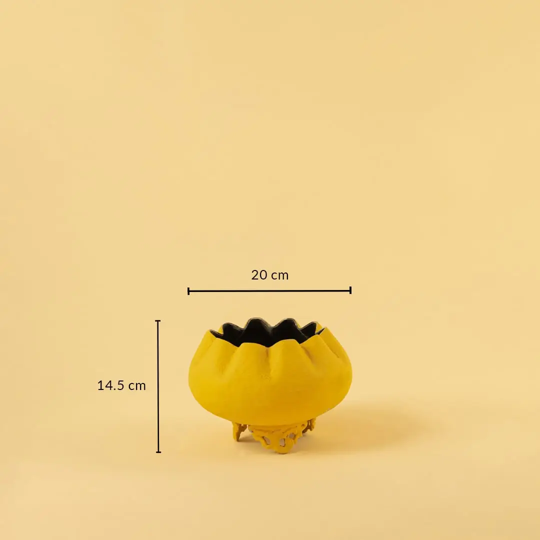 Yellow metal scalloped bowl planter decor with width 20 cm and height 14.5 cm shown clearly for accurate size reference.