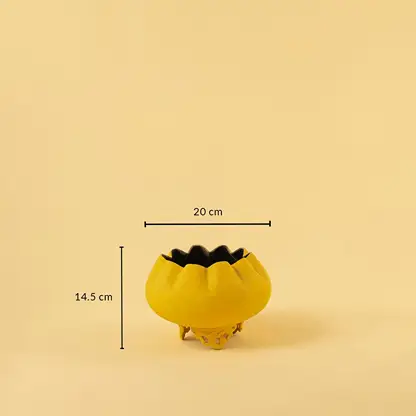 Yellow metal scalloped bowl planter decor with width 20 cm and height 14.5 cm shown clearly for accurate size reference.