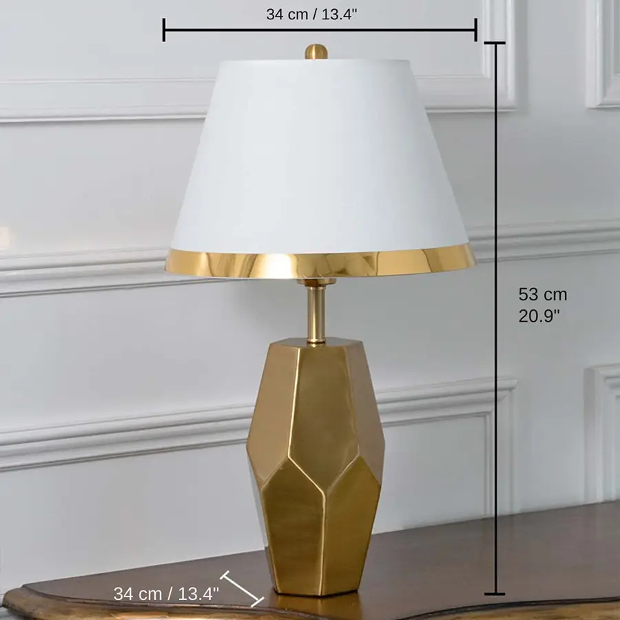 Gold geometric table lamp with white tapered shade, shade 23 x 23 x 34 cm (9.1 x 9.1 x 13.4 inches), body 53 x 16 x 34 cm (20.9 x 6.3 x 13.4 inches) dimensions