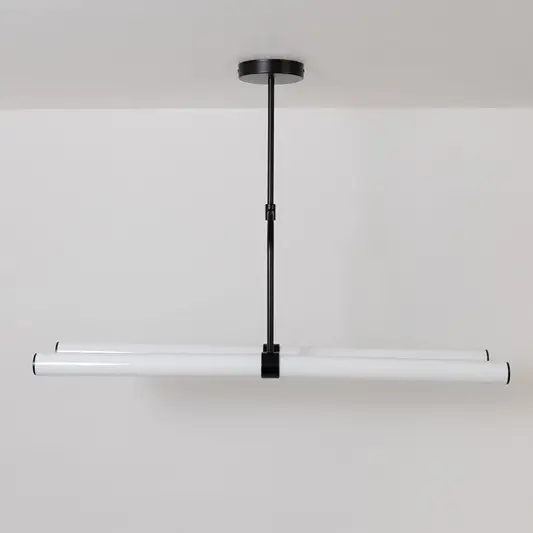 Chandelier with lights off on a white background displaying its minimalist linear form and elegant suspended rods.