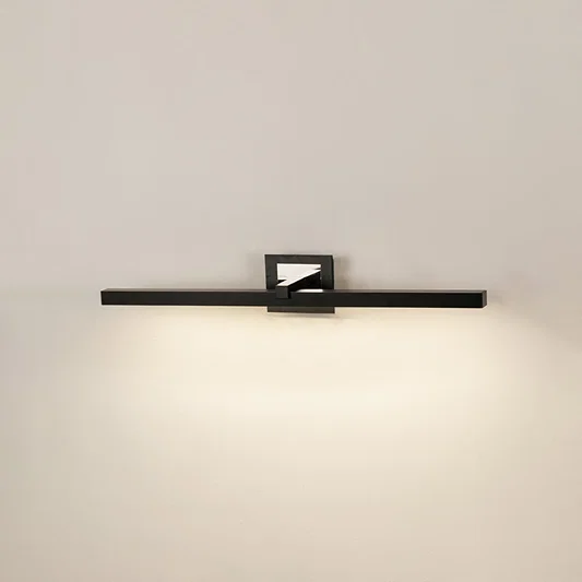 Modern wall light in black metal finish with linear bar design for bathroom or vanity decor lighting white background.
