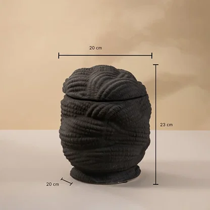Dimension image of matte black ceramic braided rope texture jar with matching lid showing 23 cm height and 20 cm width.