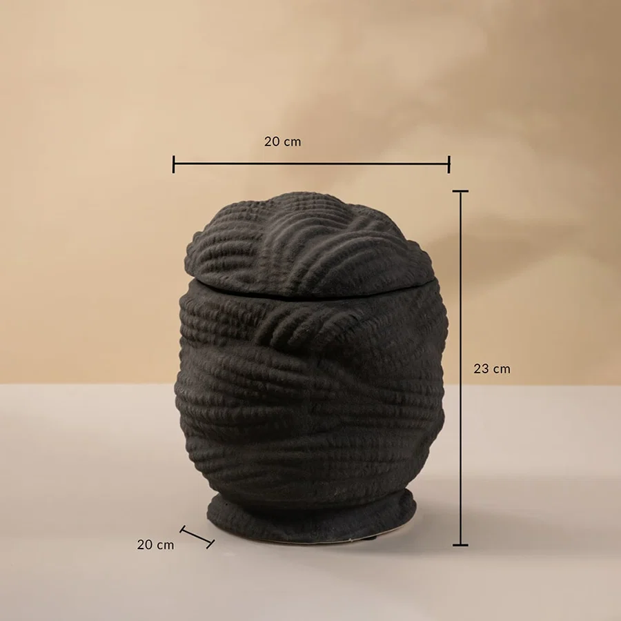 Dimension image of matte black ceramic braided rope texture jar with matching lid showing 23 cm height and 20 cm width.