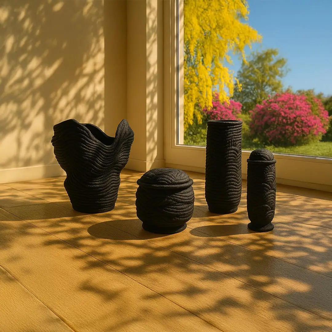 Black ceramic decorative sculpture set styled in a sunlit space for artistic contemporary home decor arrangements.