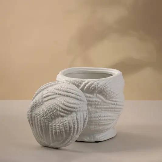 Contemporary white ceramic vase with detailed handcrafted design placed on a white background emphasizing its organic form.