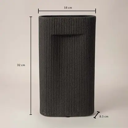 Tall black textured ceramic vase with dimension display placed on white surface against neutral background showcasing size and contemporary home decor design.