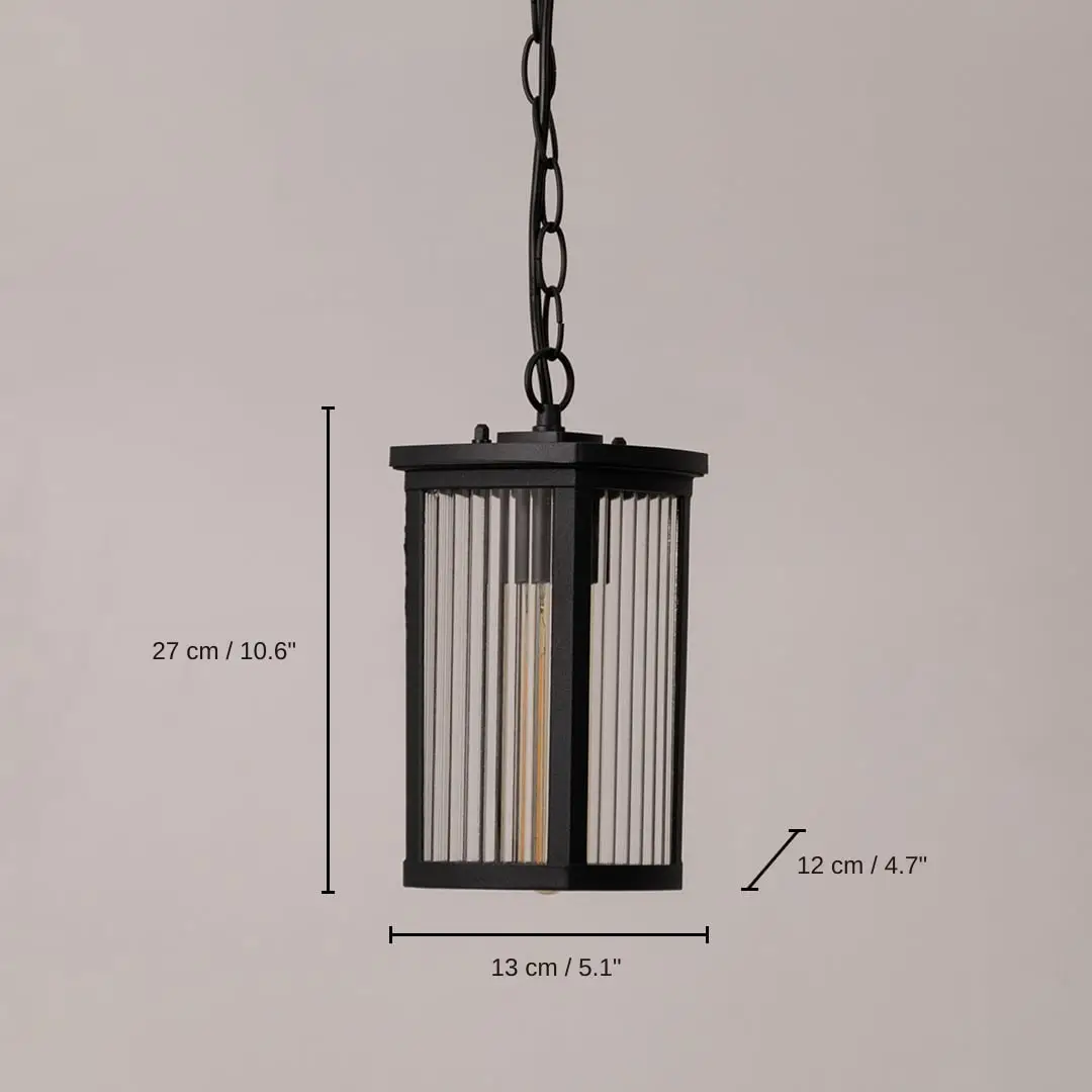 Black metal hanging lantern with ribbed glass sized, 27 x 13 x 12 cm (10.6 x 5.1 x 4.7 inches) dimensions