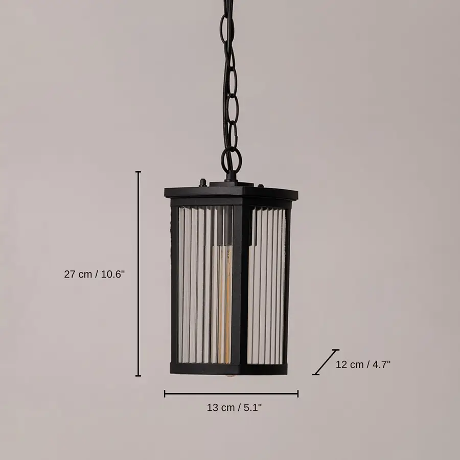 Black metal hanging lantern with ribbed glass sized, 27 x 13 x 12 cm (10.6 x 5.1 x 4.7 inches) dimensions