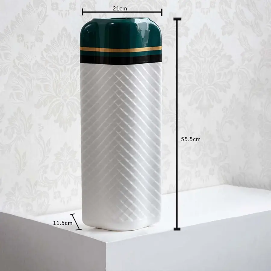 Dimension image of a white ceramic cylinder vase with diagonal chevron textures and an emerald green and gold top collar 31.5 cm height and 13 cm width.