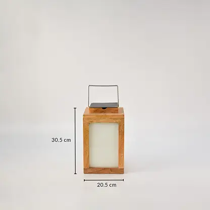 Wooden solar lantern dimensions shown – 30.5 cm height and 20.5 cm width – compact design with integrated solar top for easy placement.