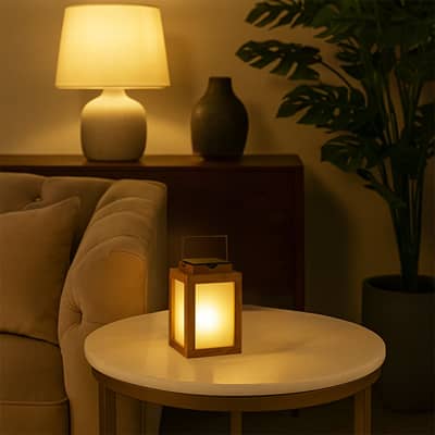 Wooden solar lantern placed on a round side table in a cozy living room glowing warmly beside a sofa and ceramic table lamp.