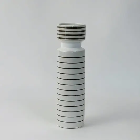 Contemporary tall ceramic vase with striped black pattern designed for living room and office table decor on white background.