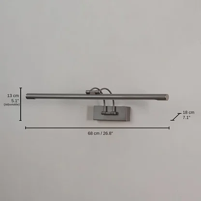 Adjustable metal picture light, base 13 x 68 x 18 cm (5.1 x 26.8 x 7.1 inches), canopy 16 x 6 cm (6.3 x 2.4 inches) dimensions