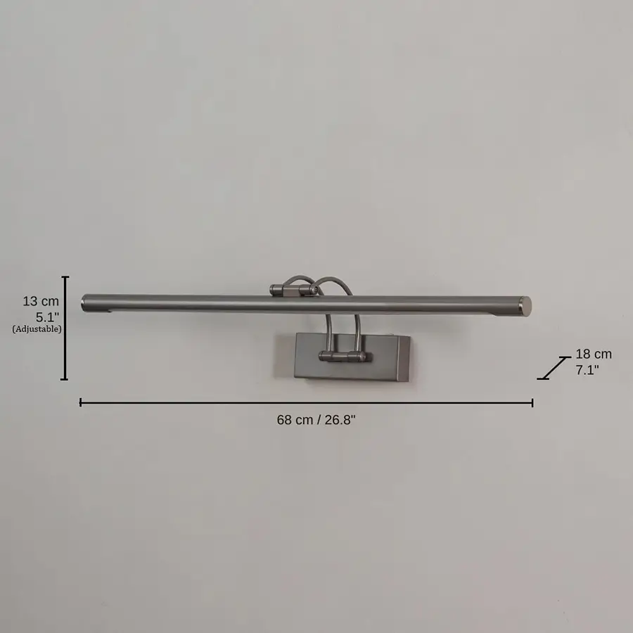 Adjustable metal picture light, base 13 x 68 x 18 cm (5.1 x 26.8 x 7.1 inches), canopy 16 x 6 cm (6.3 x 2.4 inches) dimensions