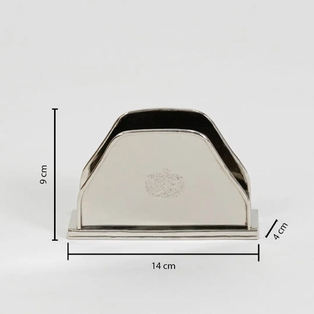 Silver tissue holder shown with dimension labels 10 cm height 14.5 cm width and 4.5 cm depth on white background.