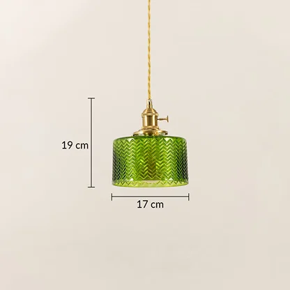 Green textured glass and brass pendant light dimension image with 17 cm width and 19 cm height for modern bedside placement.