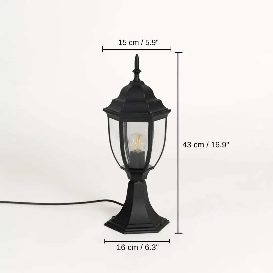 Outdoor black pillar lamp with hexagonal base clear glass and LED bulb, 43 x 16 x 15 cm (16.9 x 6.3 x 5.9 inches) dimensions