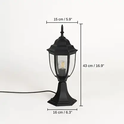 Outdoor black pillar lamp with hexagonal base clear glass and LED bulb, 43 x 16 x 15 cm (16.9 x 6.3 x 5.9 inches) dimensions