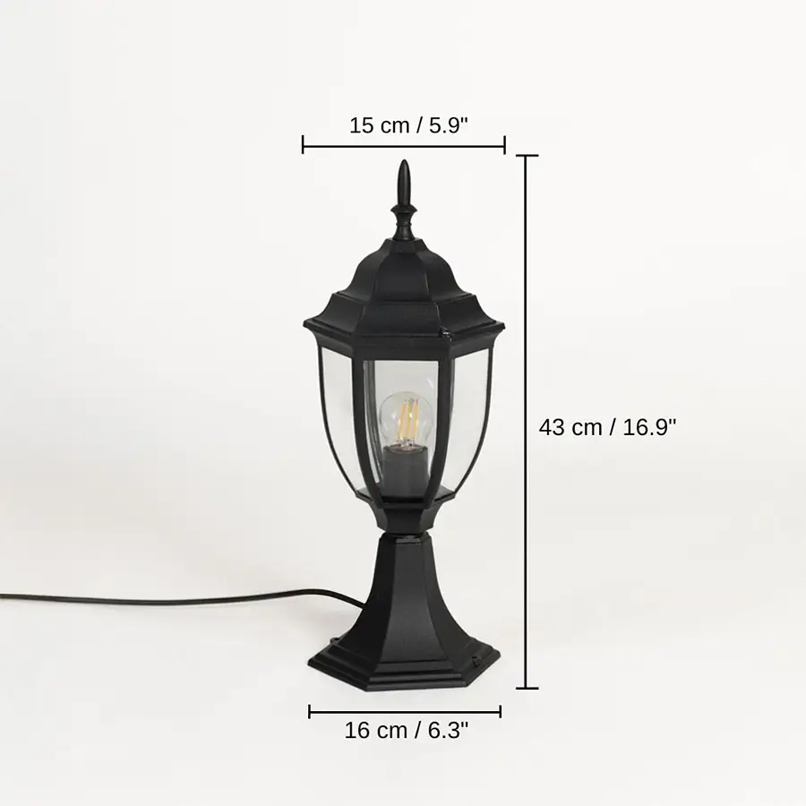 Outdoor black pillar lamp with hexagonal base clear glass and LED bulb, 43 x 16 x 15 cm (16.9 x 6.3 x 5.9 inches) dimensions