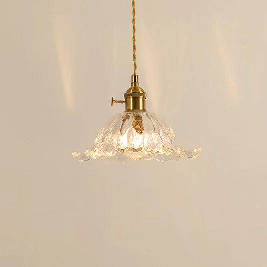 Clear glass and brass metal pendant light creating cozy ambience in stylish modern dining spaces.