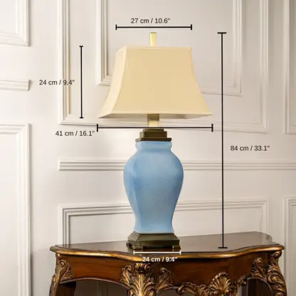 Cream shade blue ceramic table lamp, base 24 x 24 x 84 cm (9.4 x 9.4 x 33.1 inches), shade 27 x 41 x 18 cm (10.6 x 16.1 x 7.1 inches) dimensions