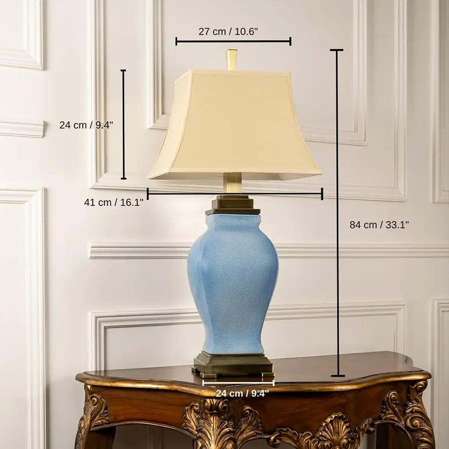 Cream shade blue ceramic table lamp, base 24 x 24 x 84 cm (9.4 x 9.4 x 33.1 inches), shade 27 x 41 x 18 cm (10.6 x 16.1 x 7.1 inches) dimensions