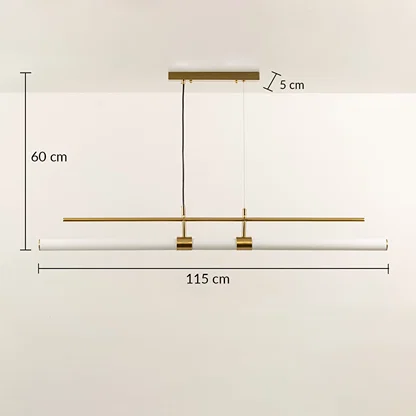 Gold metal linear LED pendant light measuring 60 cm height and 115 cm width for modern interior lighting.