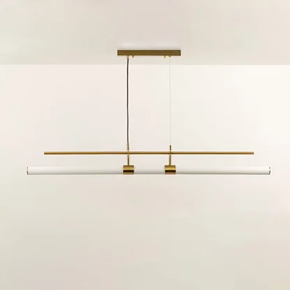 Gold metal linear LED pendant light with integrated light bar designed for modern dining room ceiling lighting.