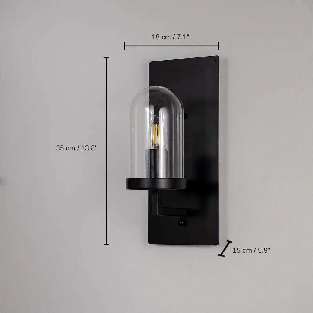 Black metal and glass wall light, 35 x 18 x 15 cm (13.8 x 7.1 x 5.9 inches) dimensions