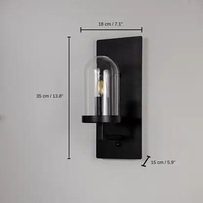 Black metal and glass wall light, 35 x 18 x 15 cm (13.8 x 7.1 x 5.9 inches) dimensions