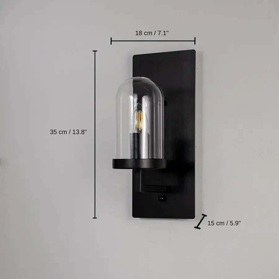 Black metal and glass wall light, 35 x 18 x 15 cm (13.8 x 7.1 x 5.9 inches) dimensions