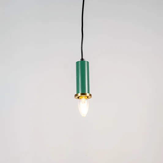 Green metal pendant light with brass accents and minimalist cylindrical design for contemporary ceiling lighting decor.