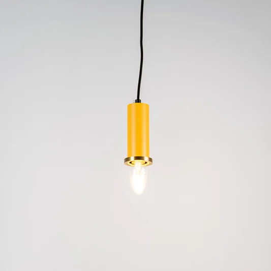 Yellow metal pendant light with brass accents and minimalist cylindrical design for contemporary ceiling lighting decor.