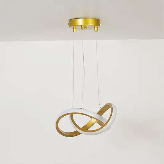 Minimalist loop LED chandelier in gold and white shown with the light off against a white backdrop.