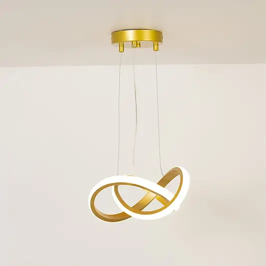 Modern loop-shaped LED chandelier in gold and white finish displayed on a clean white background.