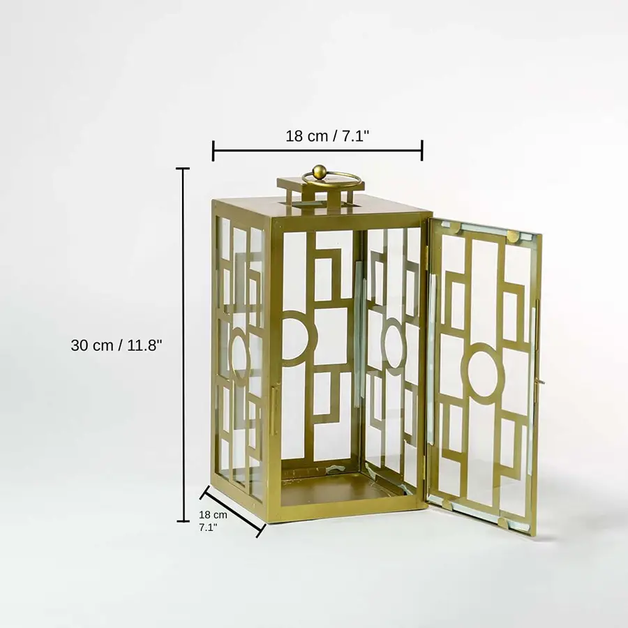 Gold lantern with visible size indicators, 30 x 18 x 18 cm (11.8 x 7.1 x 7.1 inches) dimensions