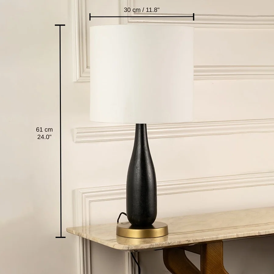 Black ceramic table lamp with white fabric shade, 61 x 30 x 30 cm (24.0 x 11.8 x 11.8 inches) dimensions