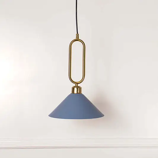 Elegant blue cone shaped pendant light with gold metal frame suspended against minimal wall background ideal for modern decorative lighting.