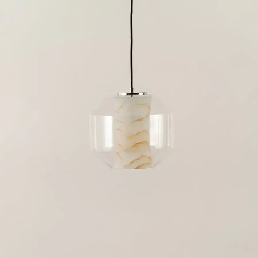 White marble glass and chrome metal pendant light with refined texture for contemporary interiors.