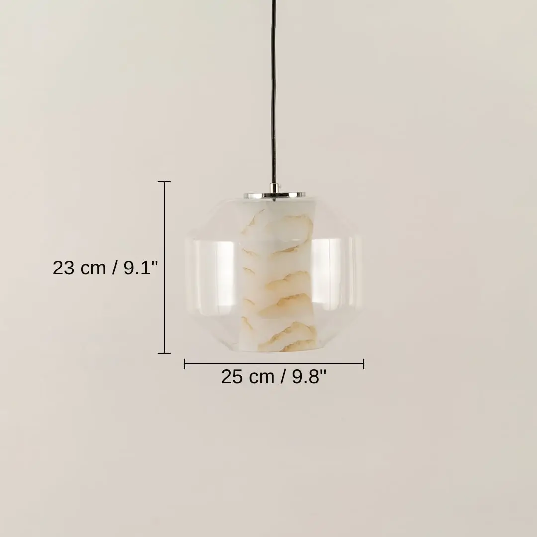 White marble and chrome metal pendant light, base 21 x 25 x 25 cm (8.3 x 9.8 x 9.8 inches), canopy 10 x 10 cm (3.9 x 3.9 inches) dimensions