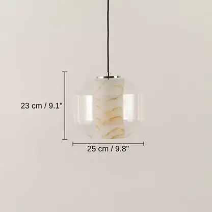 White marble and chrome metal pendant light, base 21 x 25 x 25 cm (8.3 x 9.8 x 9.8 inches), canopy 10 x 10 cm (3.9 x 3.9 inches) dimensions