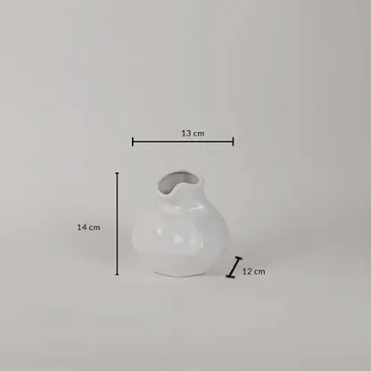 White ceramic vase measuring 14 cm height 13 cm width and 12 cm depth shown on white background for decor reference.