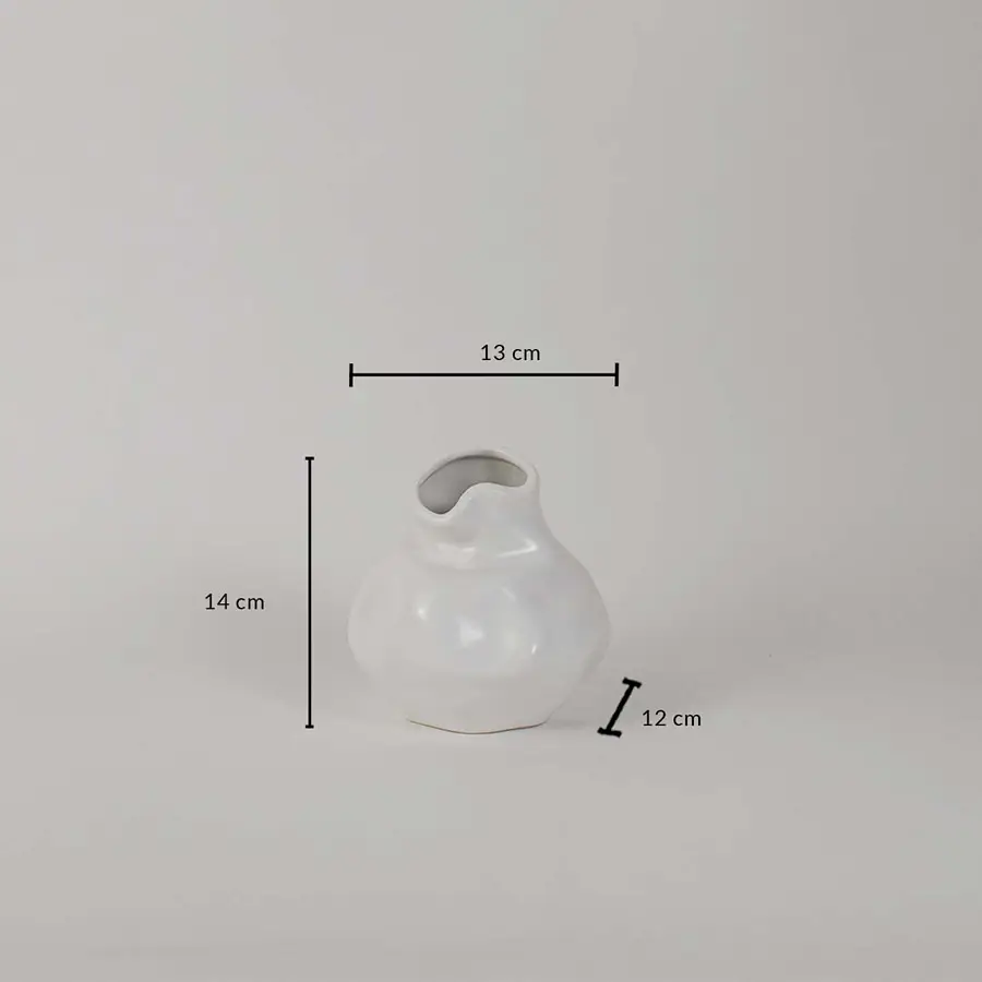 White ceramic vase measuring 14 cm height 13 cm width and 12 cm depth shown on white background for decor reference.
