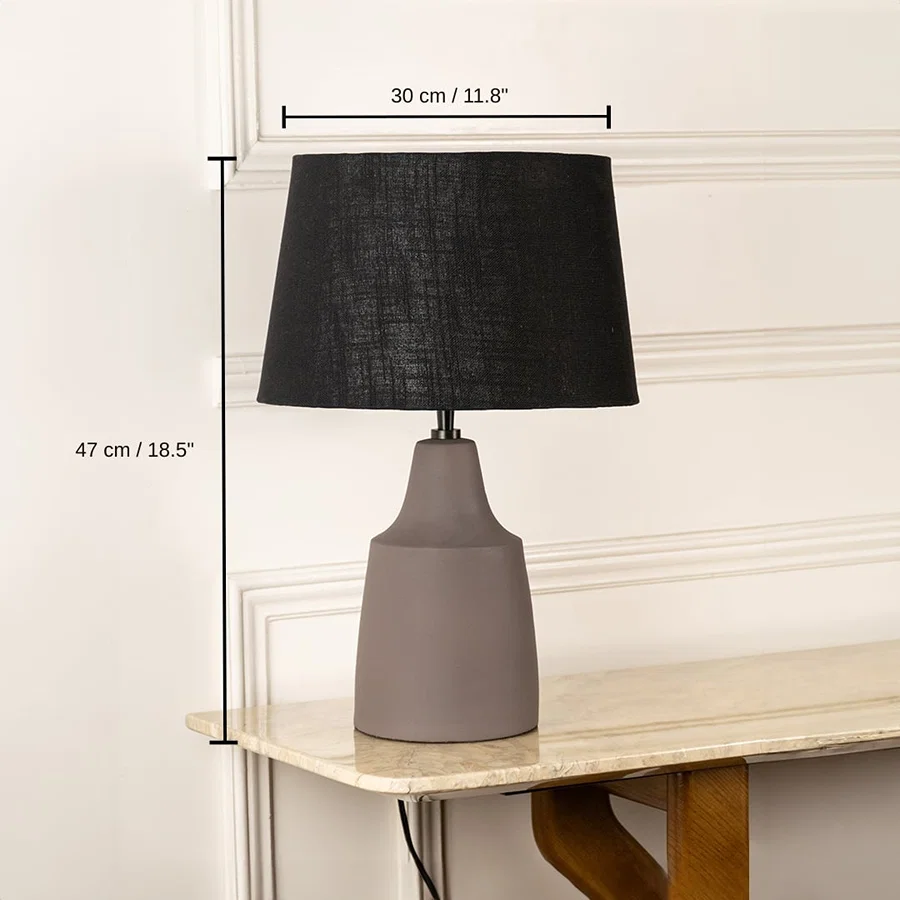 Taupe ceramic table lamp with black fabric shade, 47 x 30 x 30 cm (18.5 x 11.8 x 11.8 inches) dimensions