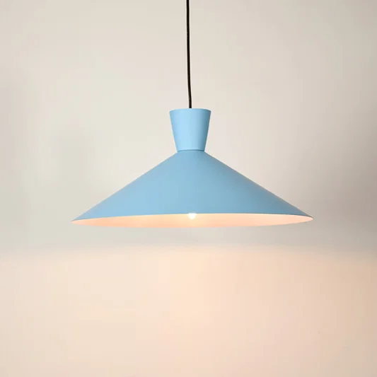 Blue metal pendant light illuminated to display contemporary ceiling lighting with sleek minimalist design appeal.