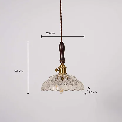 Clear scalloped glass and brass pendant light dimension image with 20 cm width and 24 cm height for elegant dining placement.